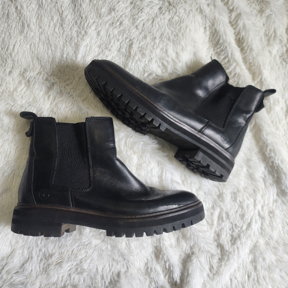 Timberland Black Leather Chelsea Ankle Boots Stretchy Elastic Women's Size 9